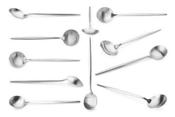 Silver spoon isolated on white, different sides. Kitchen utensil