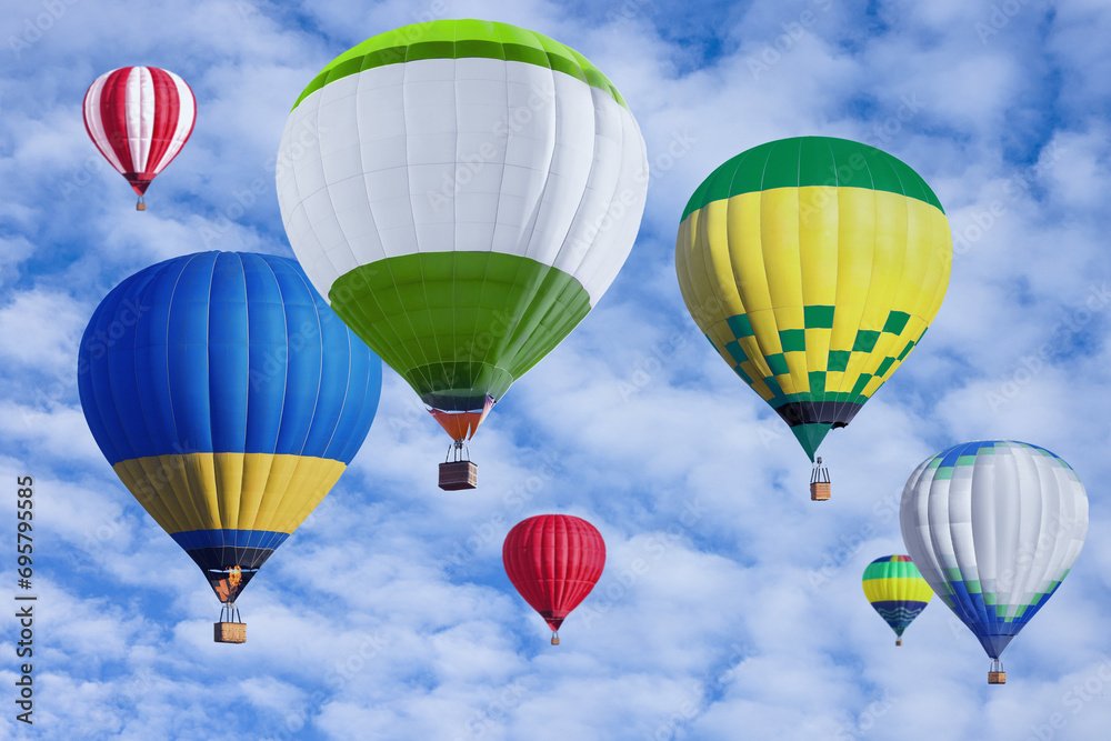 Poster Many bright hot air balloons flying in sky