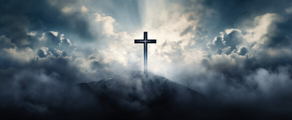Cross in clouds symbol of the death and resurrection - obrazy, fototapety, plakaty