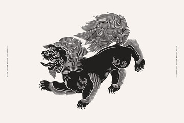 Black sky lion on a light isolated background. Traditional mythical animal of Chinese and Tibetan culture. Linocut style vector illustration. - obrazy, fototapety, plakaty