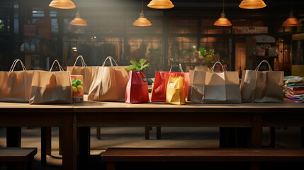 Shopping bags with healthy food are placed on the kitchen table, grocery shopping concept