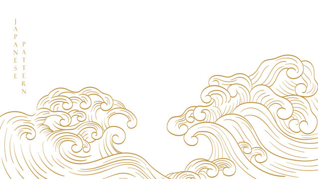 Set of hand drawn wave with Japanese pattern vector. Oriental decoration with logo design, flyer or presentation in vintage style. 