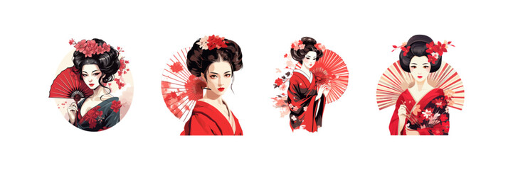 Beautiful Japanese Geisha Holds Red Fan. Vector illustration design. - obrazy, fototapety, plakaty
