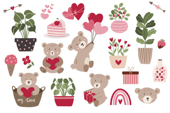 Valentine's day clipart set, vector hand drawn illustration of cute teddy bears on white background, collection of decorative elements for cards, posters, flyers, clothing, baby and nursery products