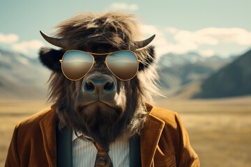 Bison in a rugged suit with classic wayfarer sunglasses