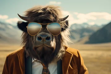 Rolgordijnen Bison in a rugged suit with classic wayfarer sunglasses © furyon