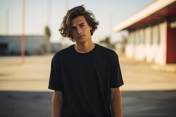 Boy in black tee, skatepark setting, daytime urban fashion shoot