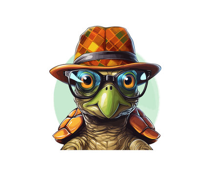 Turtle in a Hipster Hat and with glasses. Vector illustration design.