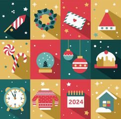 New Year and Christmas vector graphics for banners, postcards, greetings and decorations. Beautiful bright festive graphics