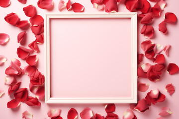 Pink empty picture frame surrounded by red rose flower petals on pink background