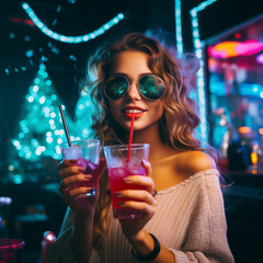 woman in a bar,glass, drink, cocktail - obrazy, fototapety, plakaty