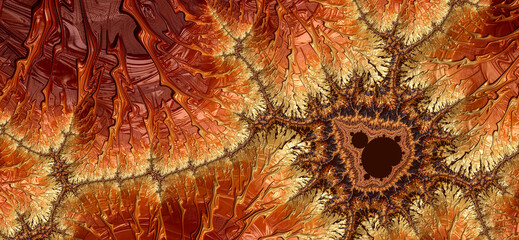 Fractal mandelbrot geology concept. Lava, gold, minerals. Macro texture or landscape aerial. Abstract background banner. - obrazy, fototapety, plakaty