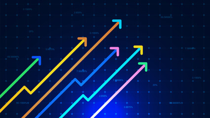 Multi color up arrows with grid. Business growth up, increase sales and financial investment going up concept background. - obrazy, fototapety, plakaty