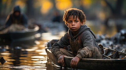 african homeless sad kids in boat.