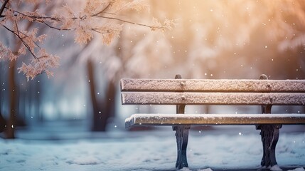 wooden bench in cold winter background - obrazy, fototapety, plakaty