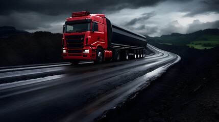 red truck running on beautiful asphalt road.