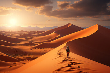 Fototapeta na wymiar wanderer amidst towering sand dunes, highlighting the isolation and beauty of the desert environment in a cinematic-style photo