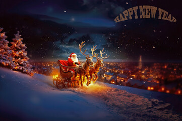 Santa Claus rides on a sleigh with Christmas gifts on the starry sky, over the night city