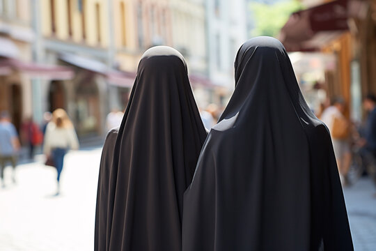Back view of two women covered with black Muslim Niqab face veil in city street
