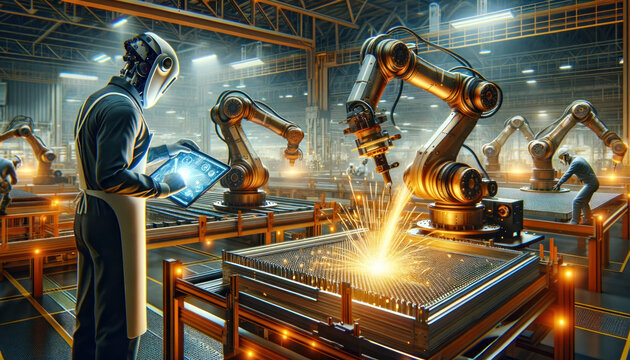 a wide image of a futuristic industrial setting, with advanced robotic arms performing tasks on an assembly line. One robot is welding