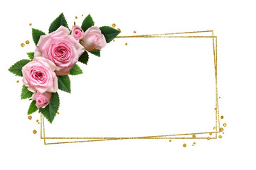 Pink rose flowers and glitter confetti in a corner floral arrangements with golden frame isolated...