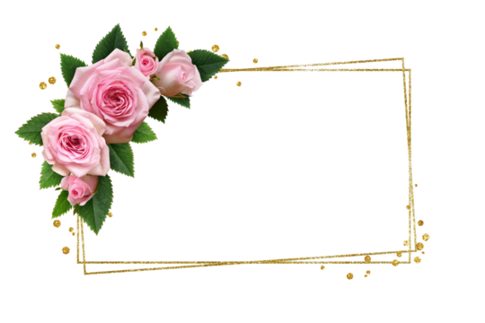 Pink rose flowers and glitter confetti in a corner floral arrangements with golden frame isolated on white or transparent background - Powered by Adobe