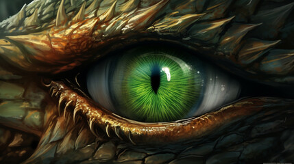 3D Green dragon eye on leather background. Resin craft. Generative AI - obrazy, fototapety, plakaty