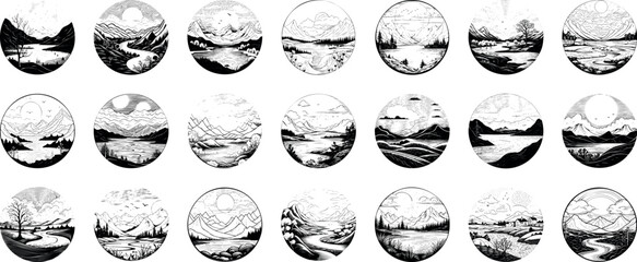 Set of circular black and white vector landscapes, each sketched within a distinct circle, showcasing a variety of scenic views. - obrazy, fototapety, plakaty