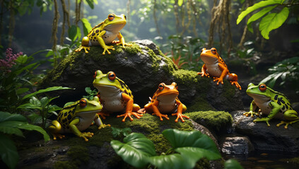 Colorful frogs at a small pond - obrazy, fototapety, plakaty