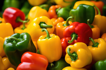 Closeup miniature Fresh bell peppers in yellow, red, green and orange abstract background background. Generative AI