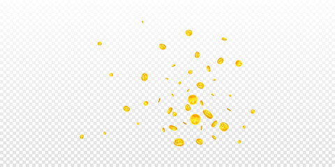 Japanese yen coins falling. Scattered gold JPY