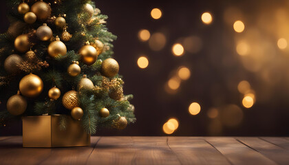 Obraz na płótnie Canvas Decorated Christmas Tree on Wooden Stand with Bokeh Background - Festive Mood