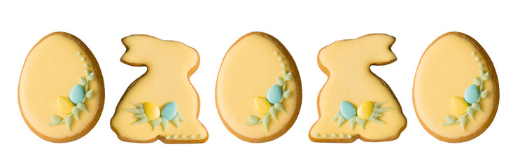 Border from tasty delicious glazed Easter gingerbread cookies in the shape of an egg and the Easter bunny. PNG isolated on transparent background
