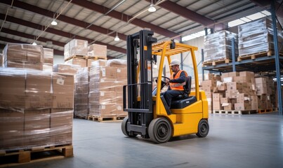 Fototapeta na wymiar A Man Skillfully Operating a Forklift in a Busy Warehouse
