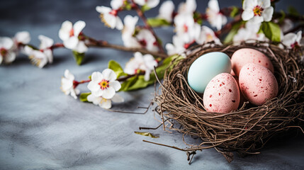 Easter Celebration with Pastel Eggs in Nest and Cherry Blossoms on Rustic Textured Background, Springtime Festivity Concept