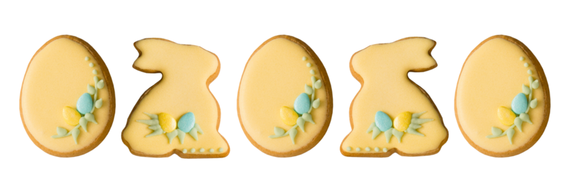 Border from tasty delicious glazed Easter gingerbread cookies in the shape of an egg and the Easter bunny. PNG isolated on transparent background - Powered by Adobe