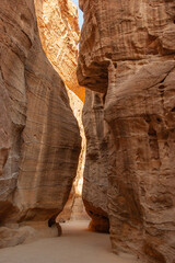 Canyon Siq or El Siq in Petra Jordan. Only road to rock city of Nabatean kingdom, to ancient city...