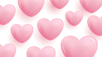 Romantic background with 3d pink glossy hearts for wedding invitations or Valentine's Day holiday greetings graphic design. Vector Illustration.	 - obrazy, fototapety, plakaty
