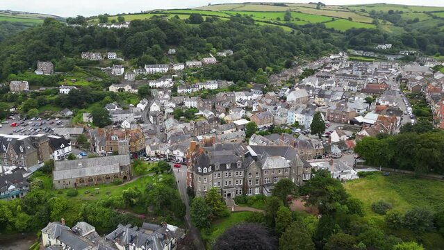 Drone shot of Lynton town on the Exmoor coast in the North Devon, England