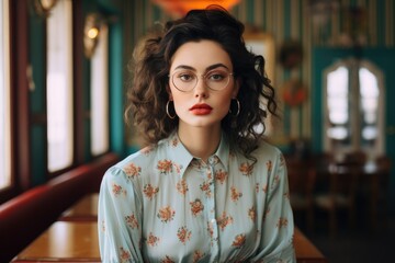 Fashionable young model in a vintage shirt, retro café setting
