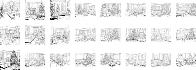 Set of black and white vector art depicting cozy Christmas interiors, showcasing festive decor and holiday charm.
