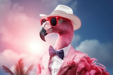 Flamingo in a pink suit and flamboyant sunglasses - obrazy, fototapety, plakaty