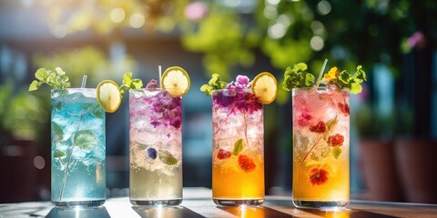 Colorful and refreshing cocktails with ice, mint, citrus and berries, served in a glass for a vibrant summer party.