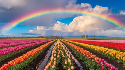 tulip field with rainbow