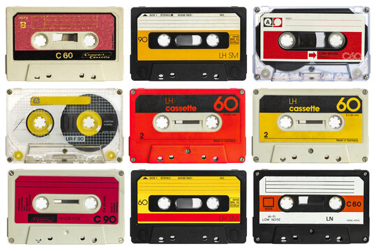 set of old audio cassettes isolated on white