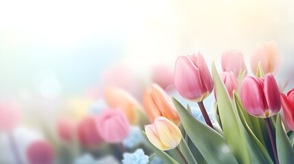 Bouquet of multicolored tulips on a beautiful blurred background, copy space. - obrazy, fototapety, plakaty