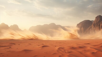 The breeze stirs up dust in Wadi Rum, Sahara, or the Arabian Desert - obrazy, fototapety, plakaty