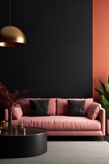 Modern luxury living room interior background, living room interior mockup, interior with Coral wall