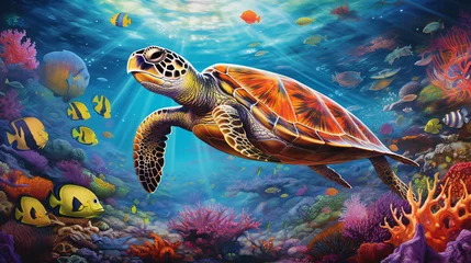 Rolgordijnen Turtle Amongst Vibrant Sea Creatures © Little