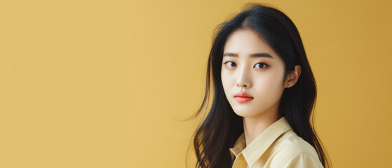 Portrait of beautiful young asian woman in yellow shirt on yellow background . - obrazy, fototapety, plakaty